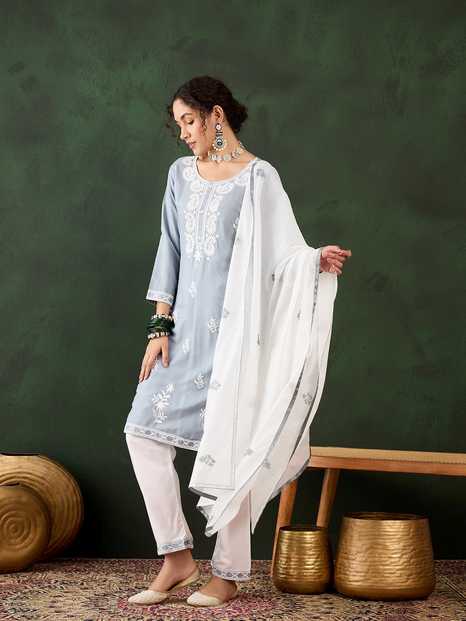 Grey Heavy Rayon Cotton Suit | Embroidered Work with Chanderi Silk Dupatta Couture