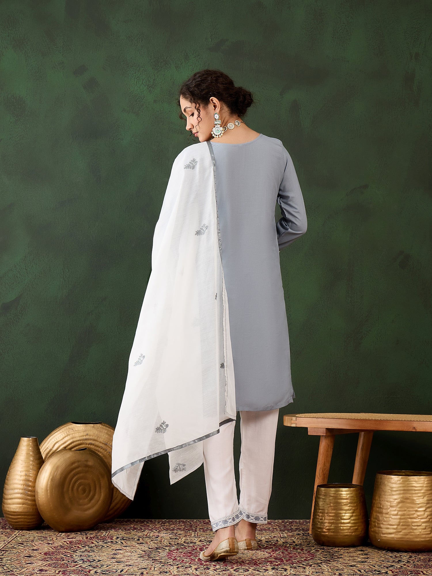 Grey Heavy Rayon Cotton Suit | Embroidered Work with Chanderi Silk Dupatta Couture