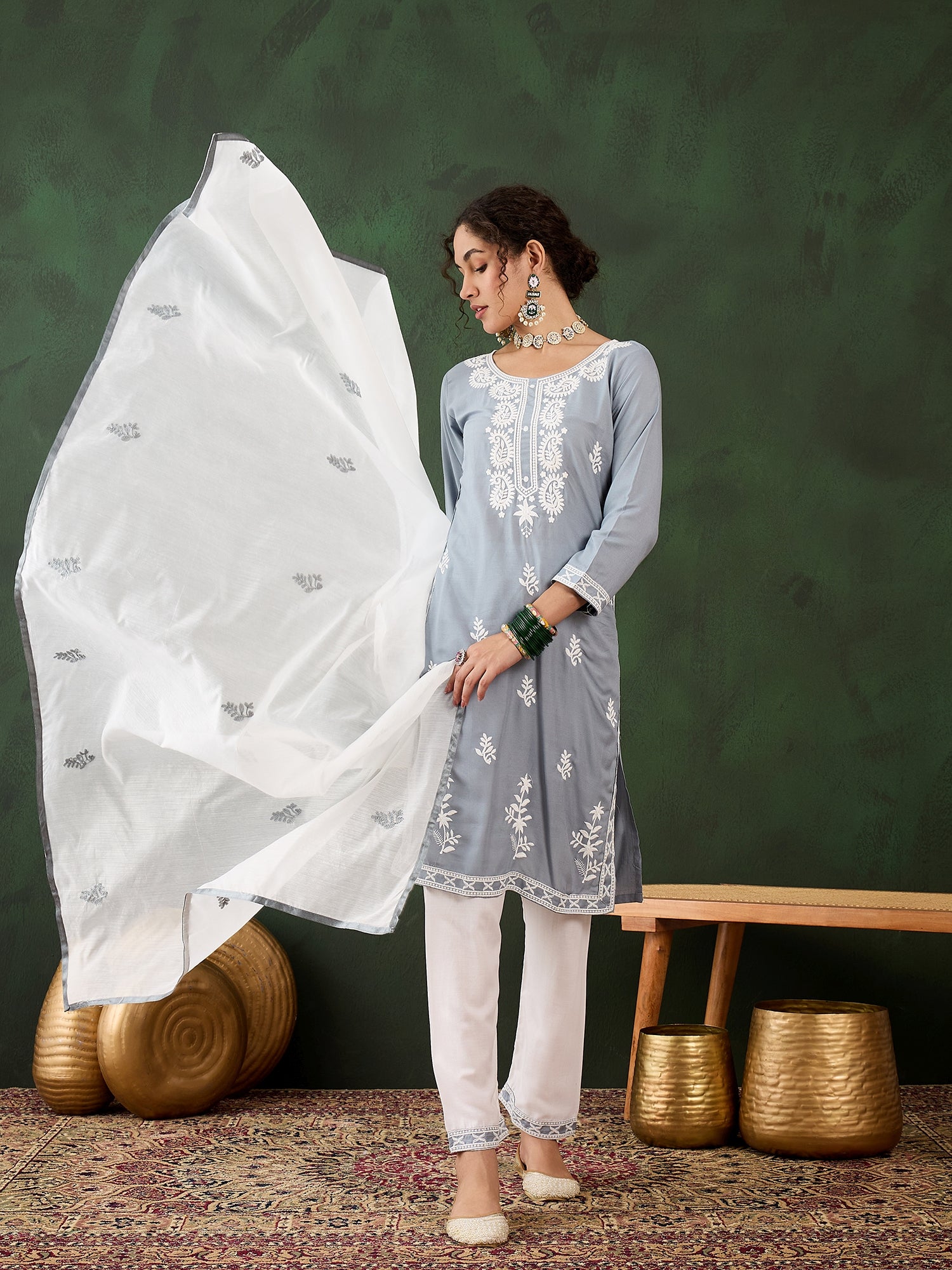 Grey Heavy Rayon Cotton Suit | Embroidered Work with Chanderi Silk Dupatta Couture