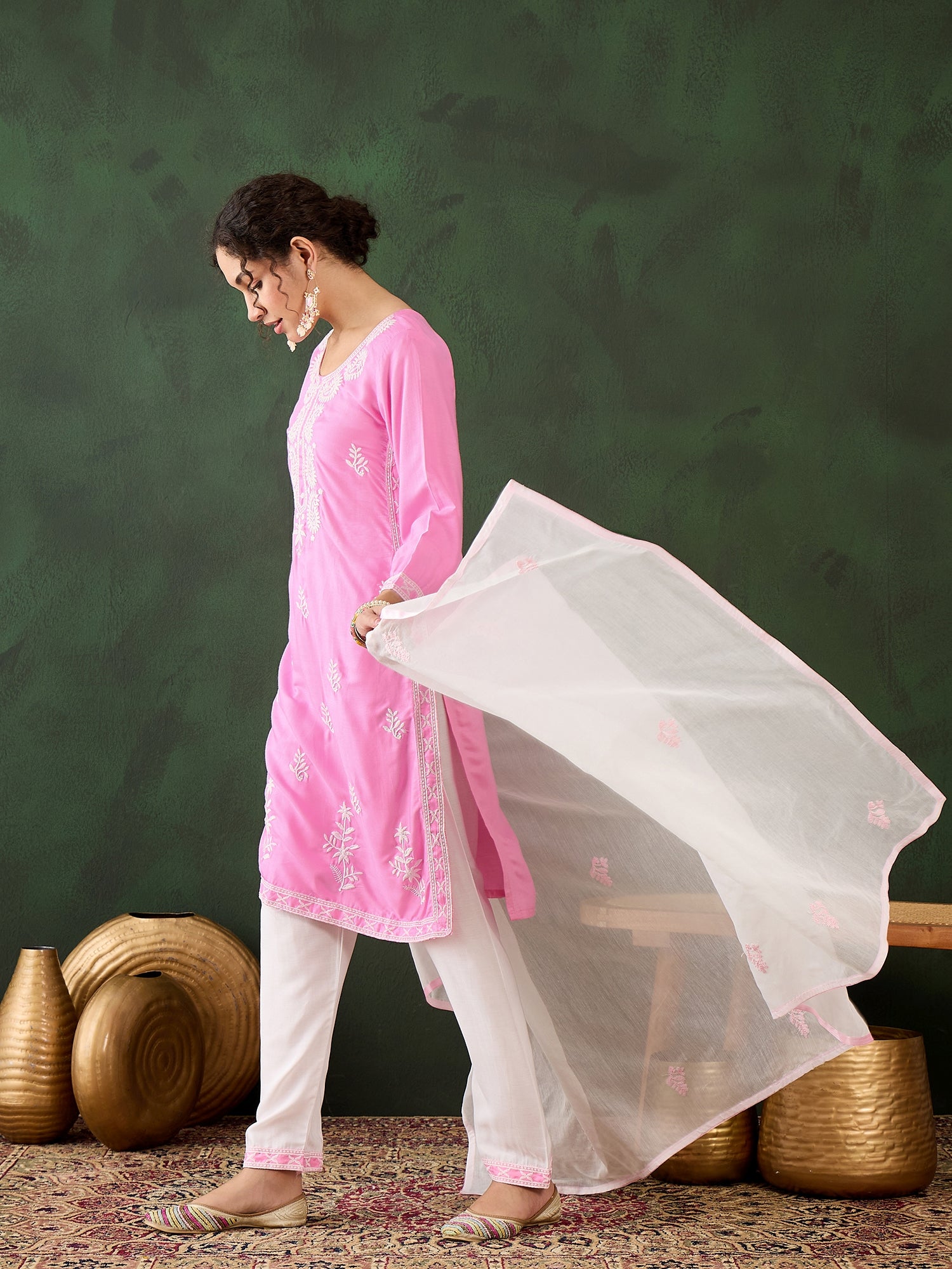 Pink Heavy Rayon Cotton Suit | Embroidered Work with Chanderi Silk Dupatta Couture