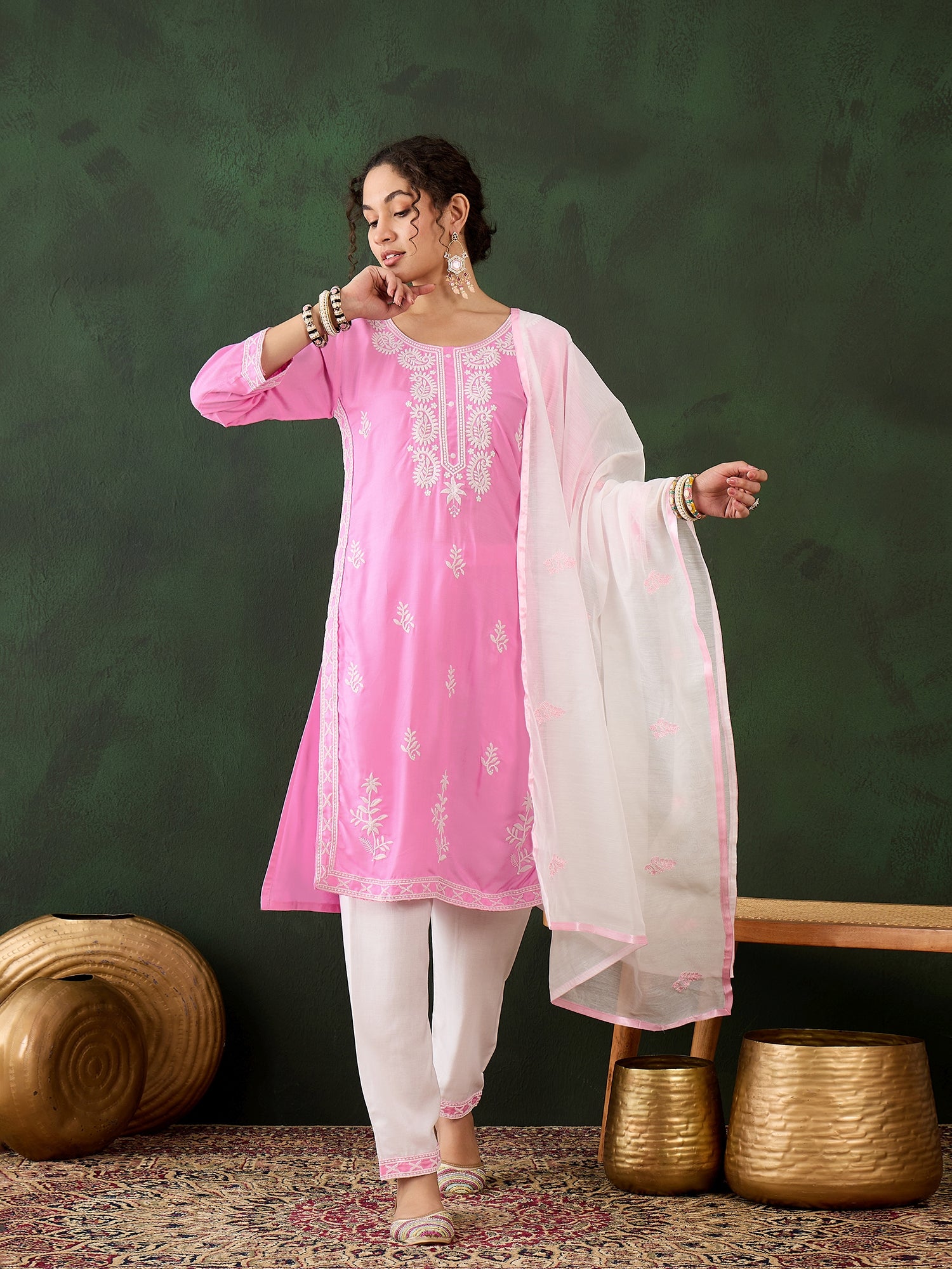Pink Heavy Rayon Cotton Suit | Embroidered Work with Chanderi Silk Dupatta Couture