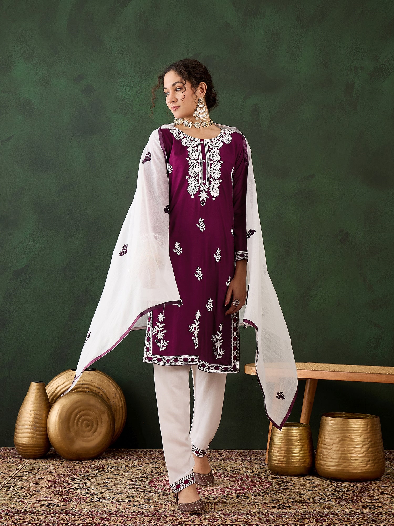 Purple Heavy Rayon Cotton Suit | Embroidered Work with Chanderi Silk Dupatta Couture