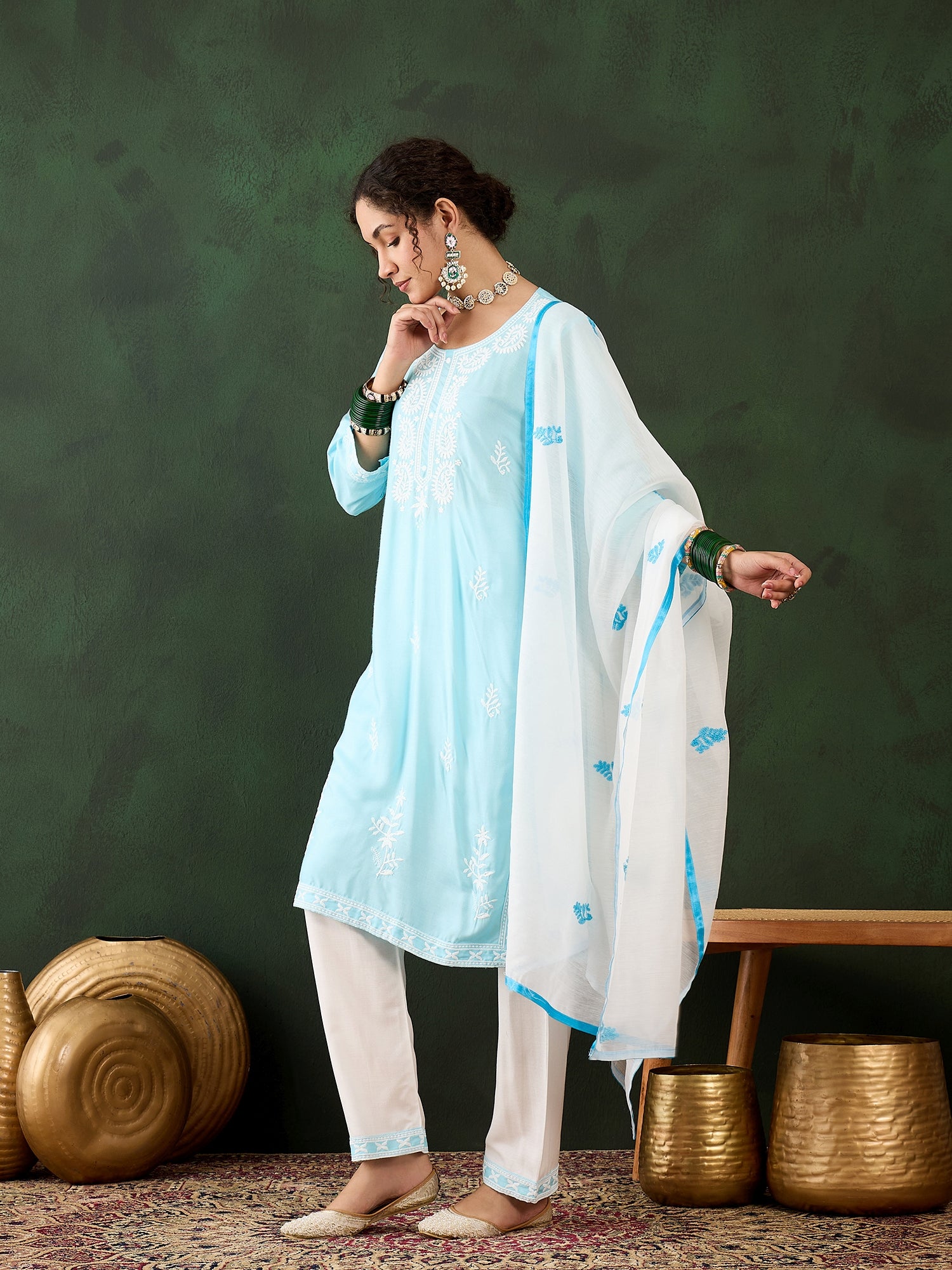 Sky Blue Heavy Rayon Cotton Suit | Embroidered Work with Chanderi Silk Dupatta Couture
