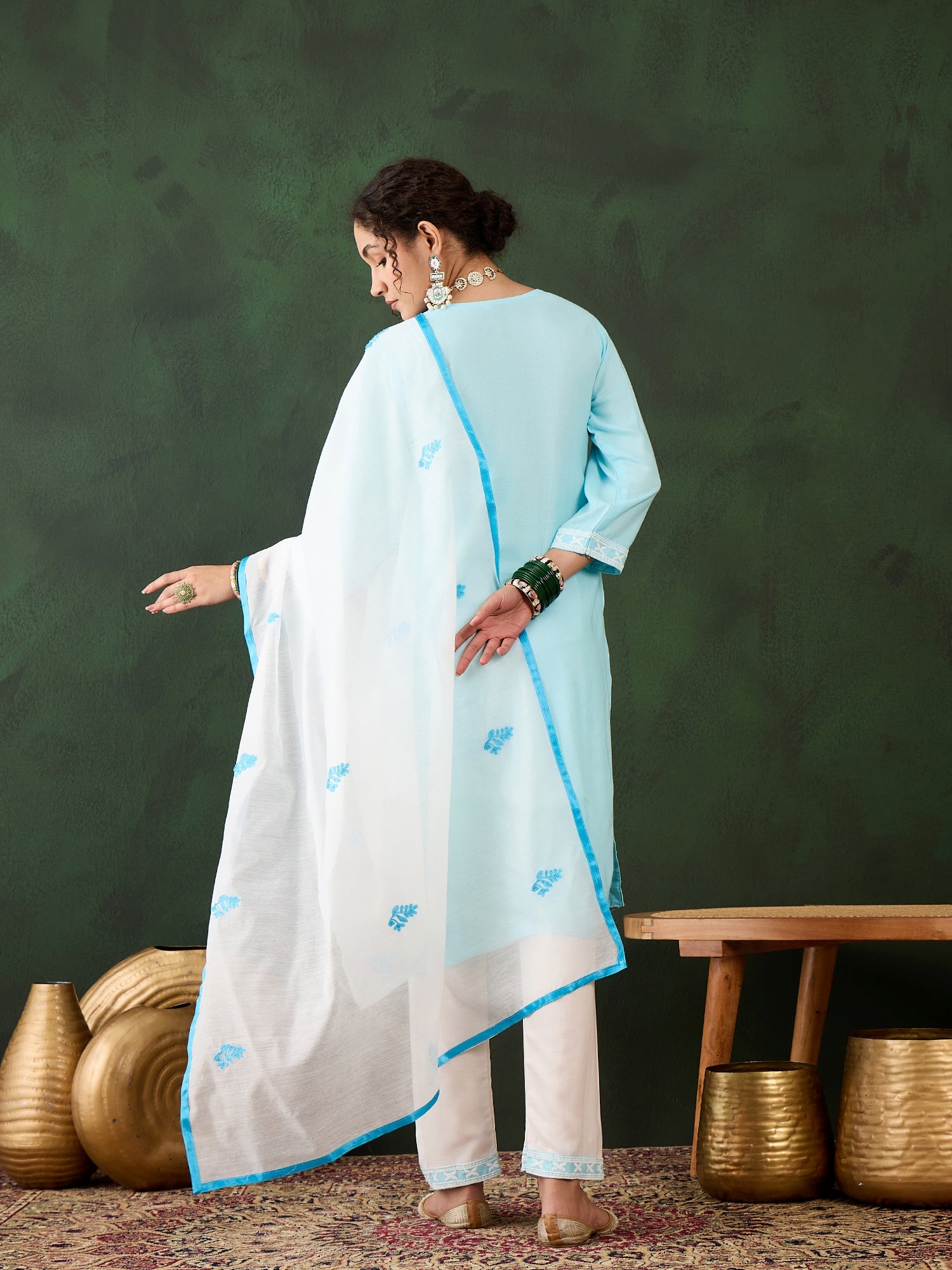 Sky Blue Heavy Rayon Cotton Suit | Embroidered Work with Chanderi Silk Dupatta Couture