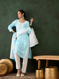 Sky Blue Heavy Rayon Cotton Suit | Embroidered Work with Chanderi Silk Dupatta Couture