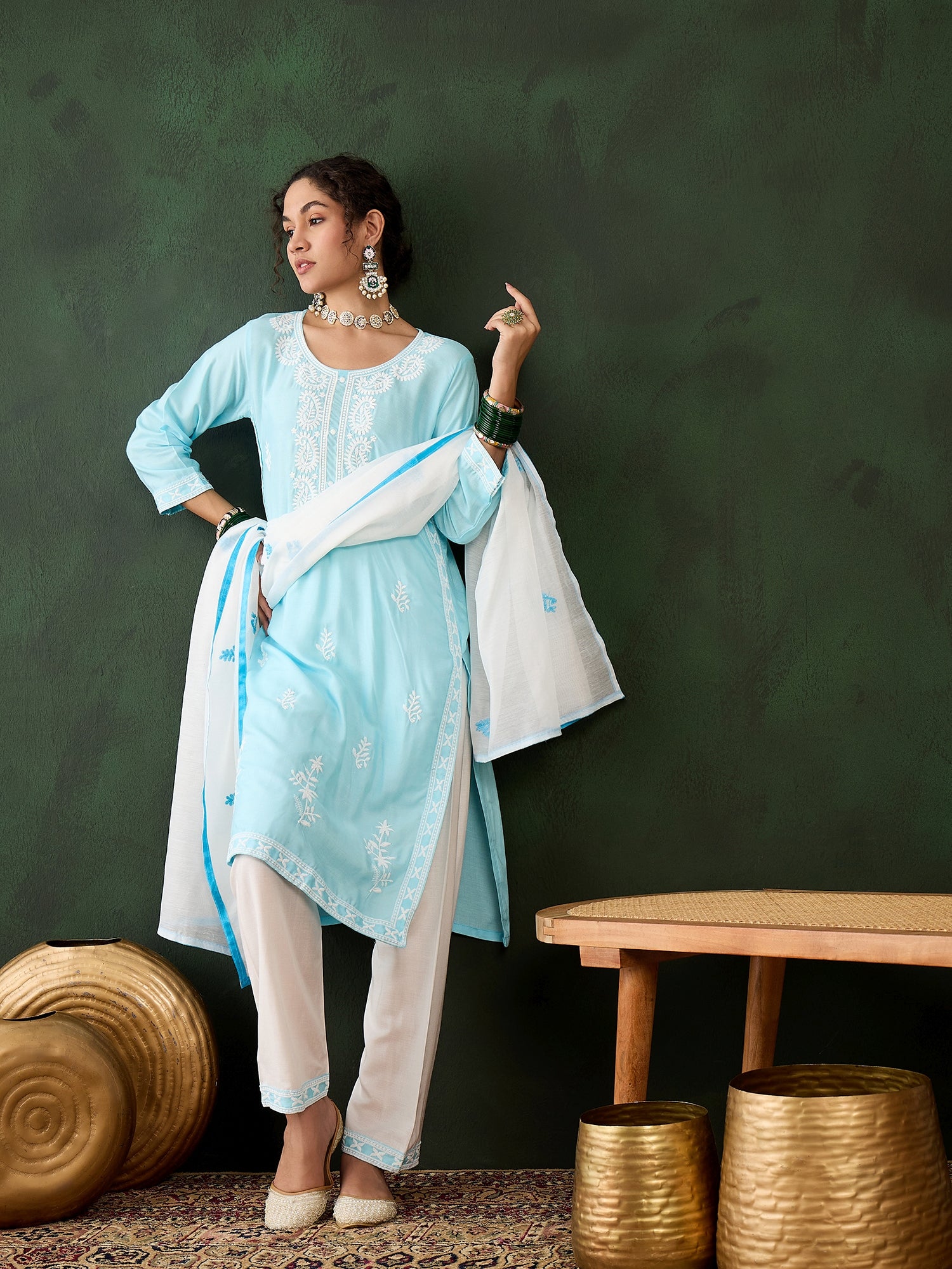 Sky Blue Heavy Rayon Cotton Suit | Embroidered Work with Chanderi Silk Dupatta Couture