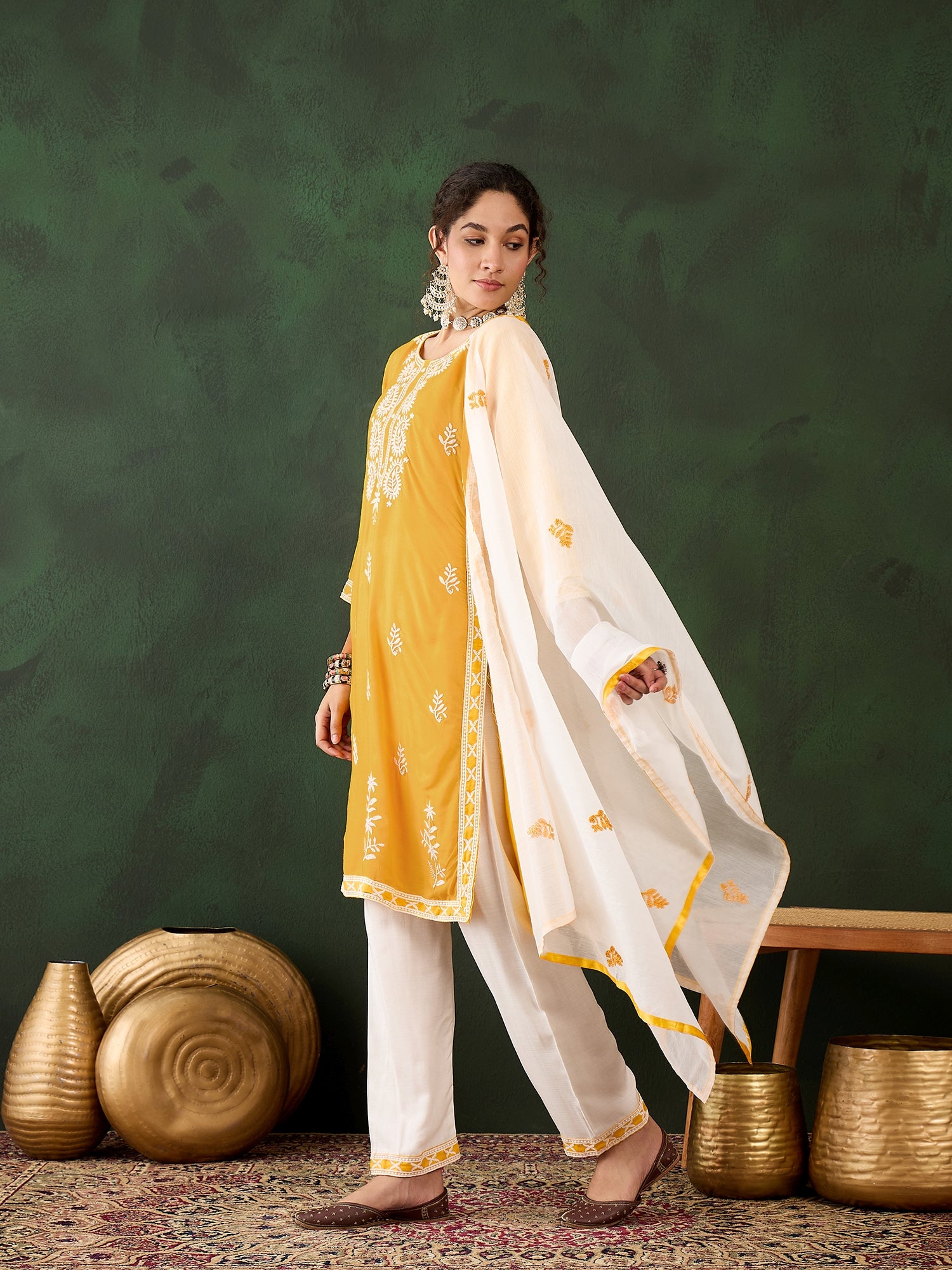 Yellow Heavy Rayon Cotton Suit | Embroidered Work with Chanderi Silk Dupatta Couture
