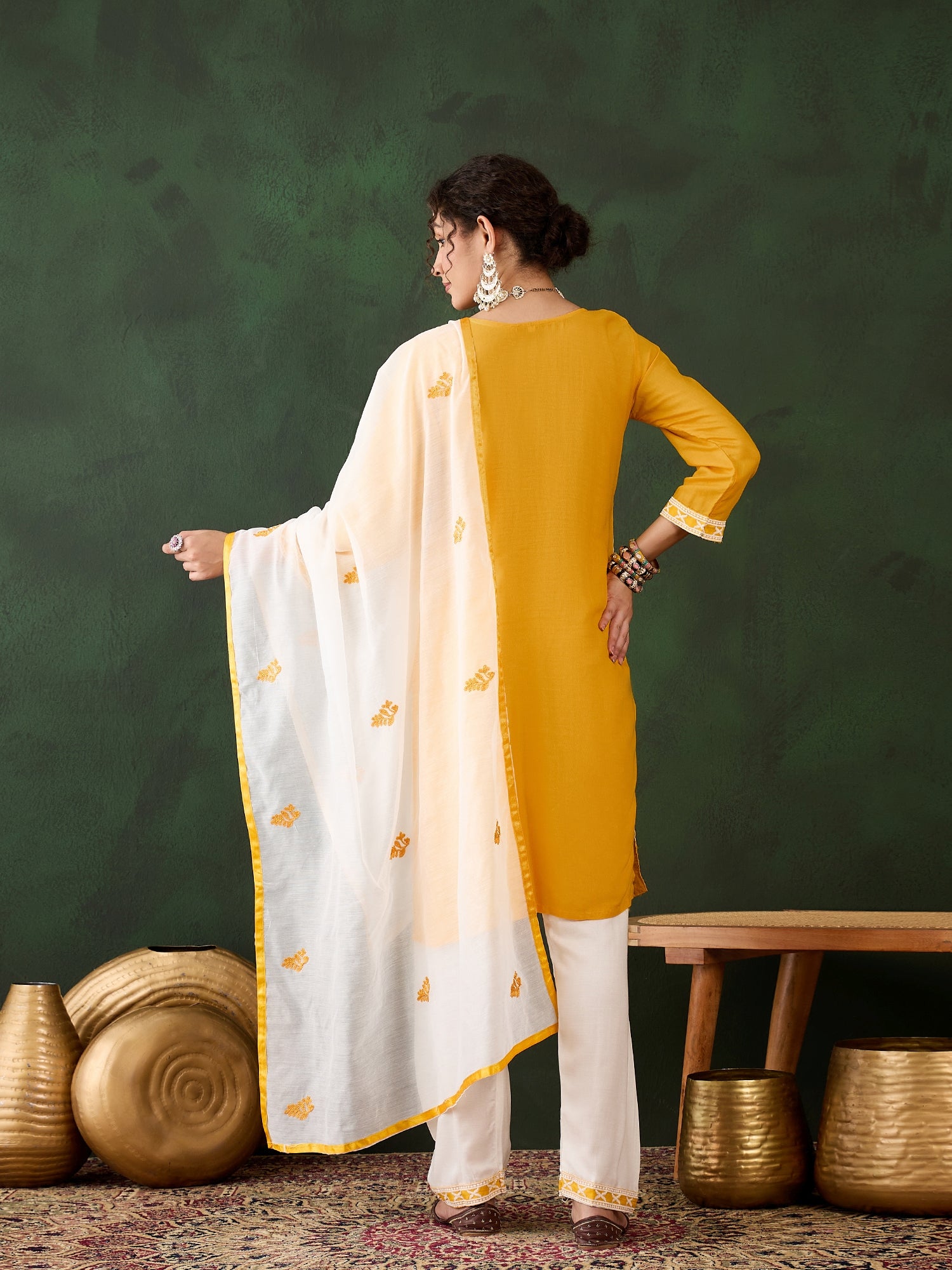 Yellow Heavy Rayon Cotton Suit | Embroidered Work with Chanderi Silk Dupatta Couture