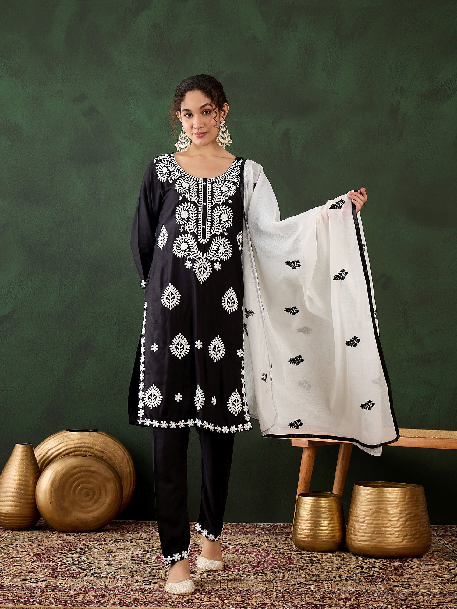 Midnight Black Heavy Rayon Cotton Suit | Embroidered Work with Chanderi Silk Dupatta Couture