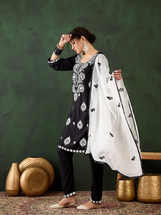 Midnight Black Heavy Rayon Cotton Suit | Embroidered Work with Chanderi Silk Dupatta Couture