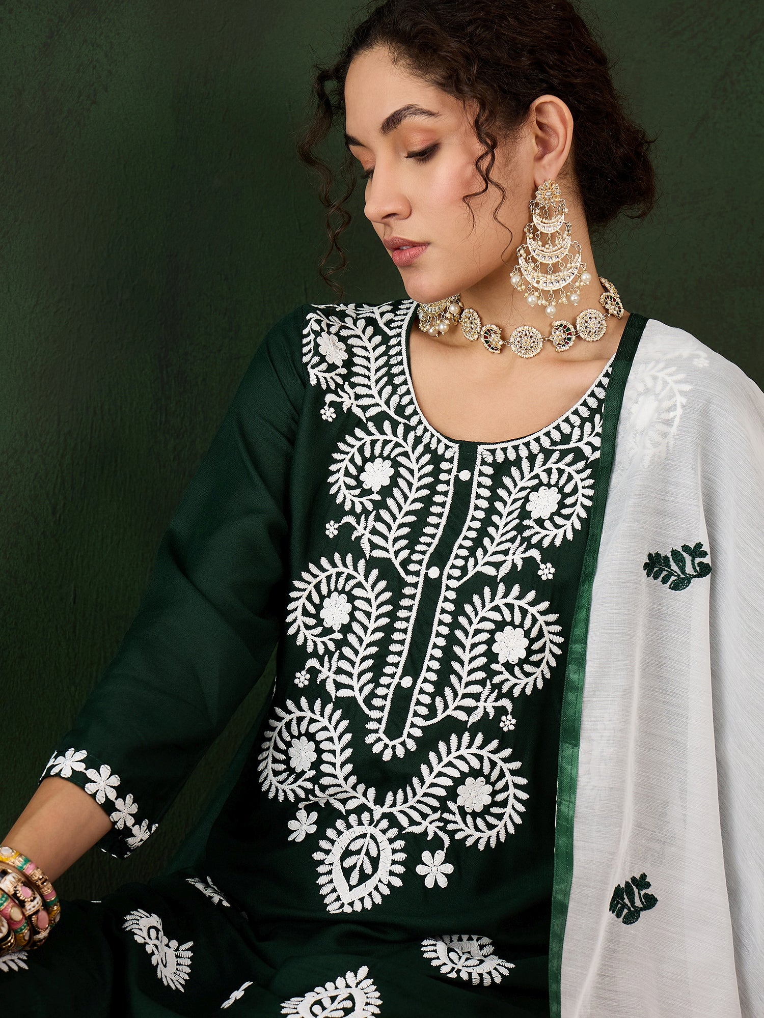 Emerald Green Heavy Rayon Cotton Suit | Embroidered Work with Chanderi Silk Dupatta Couture