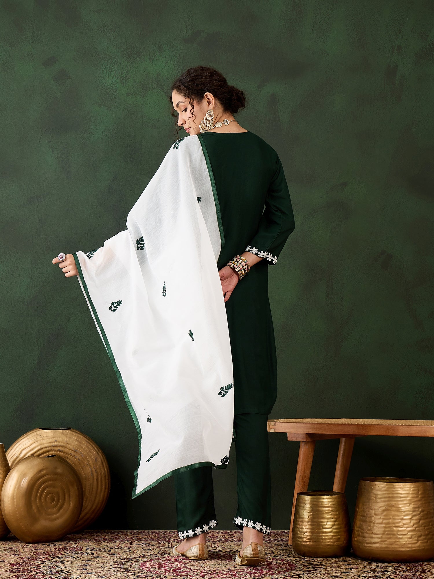 Emerald Green Heavy Rayon Cotton Suit | Embroidered Work with Chanderi Silk Dupatta Couture