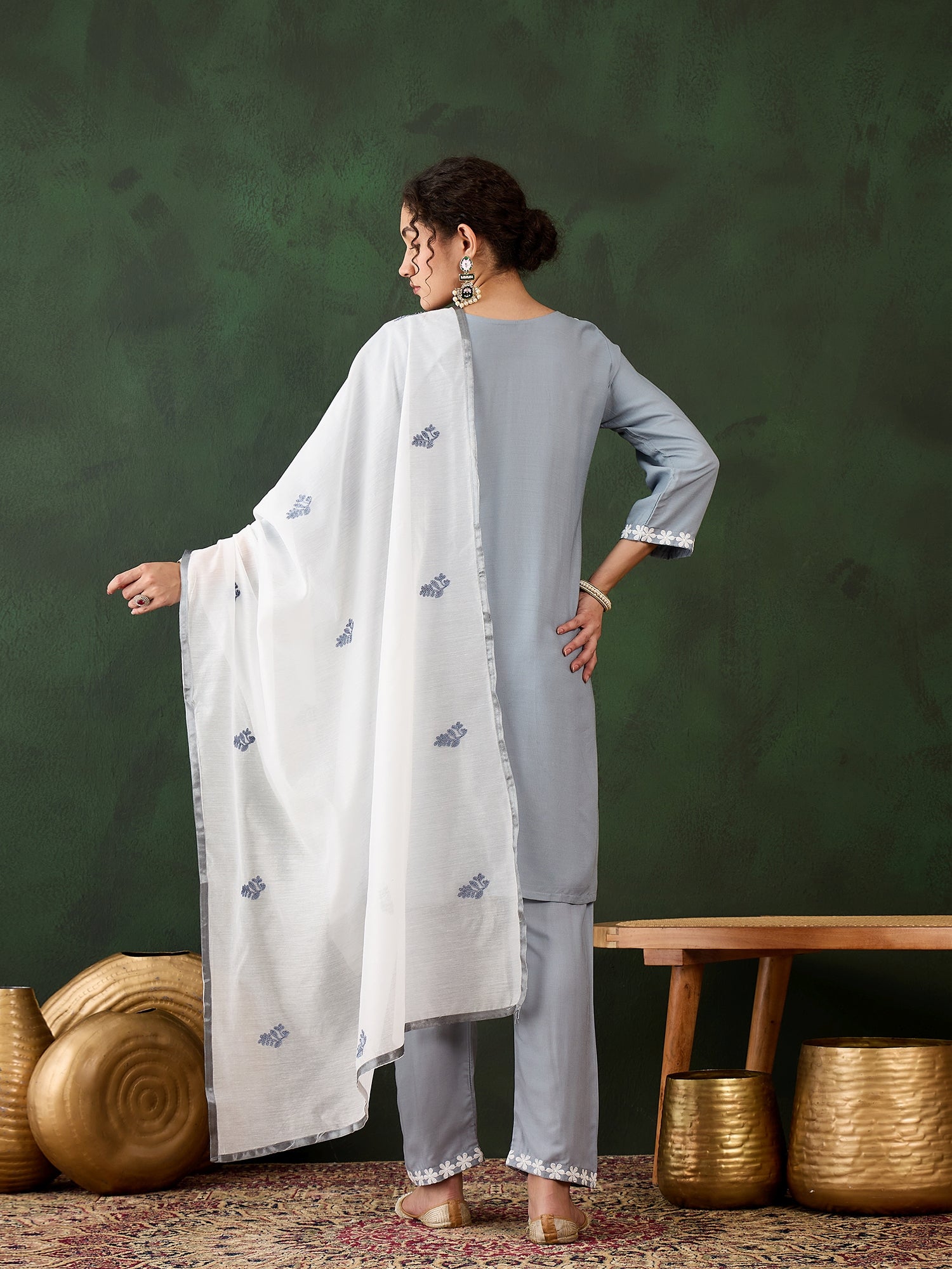 Silver Grey Heavy Rayon Cotton Suit | Embroidered Work with Chanderi Silk Dupatta Couture