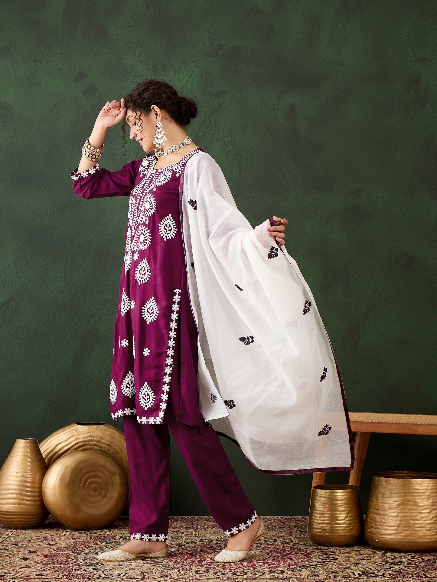Royal Magenta Heavy Rayon Cotton Suit | Embroidered Work with Chanderi Silk Dupatta Couture
