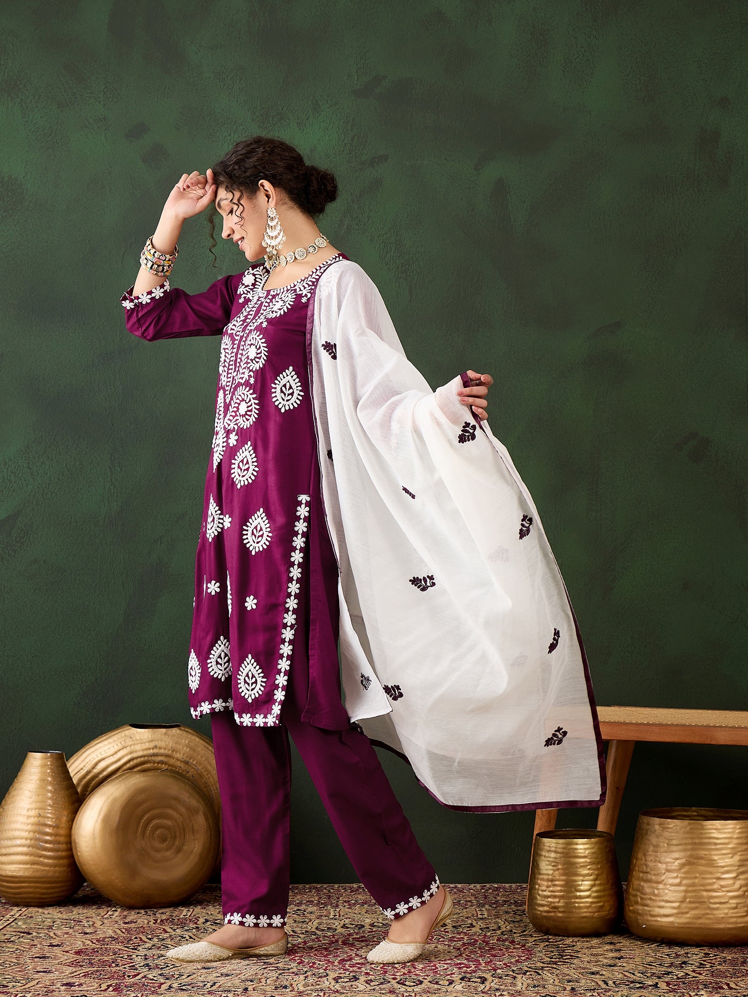 Royal Magenta Heavy Rayon Cotton Suit | Embroidered Work with Chanderi Silk Dupatta Couture