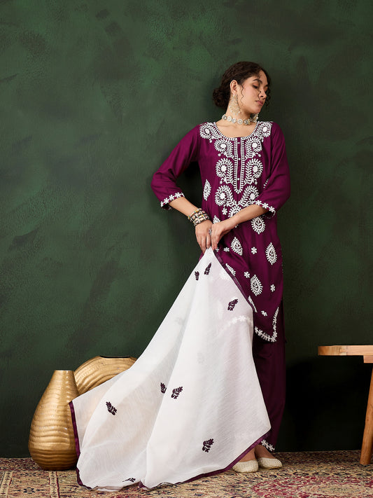 Royal Magenta Heavy Rayon Cotton Suit | Embroidered Work with Chanderi Silk Dupatta Couture