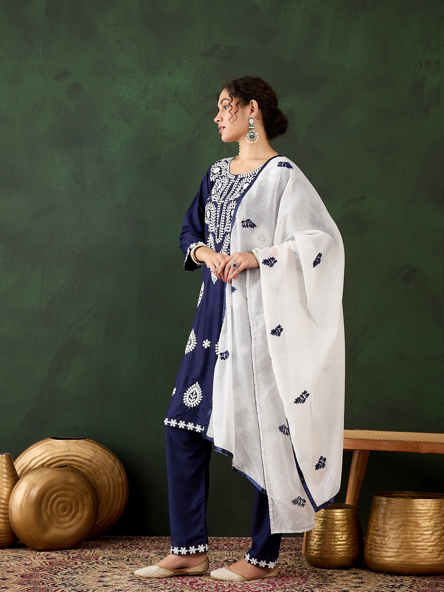 Deep Navy Heavy Rayon Cotton Suit | Embroidered Work with Chanderi Silk Dupatta Couture