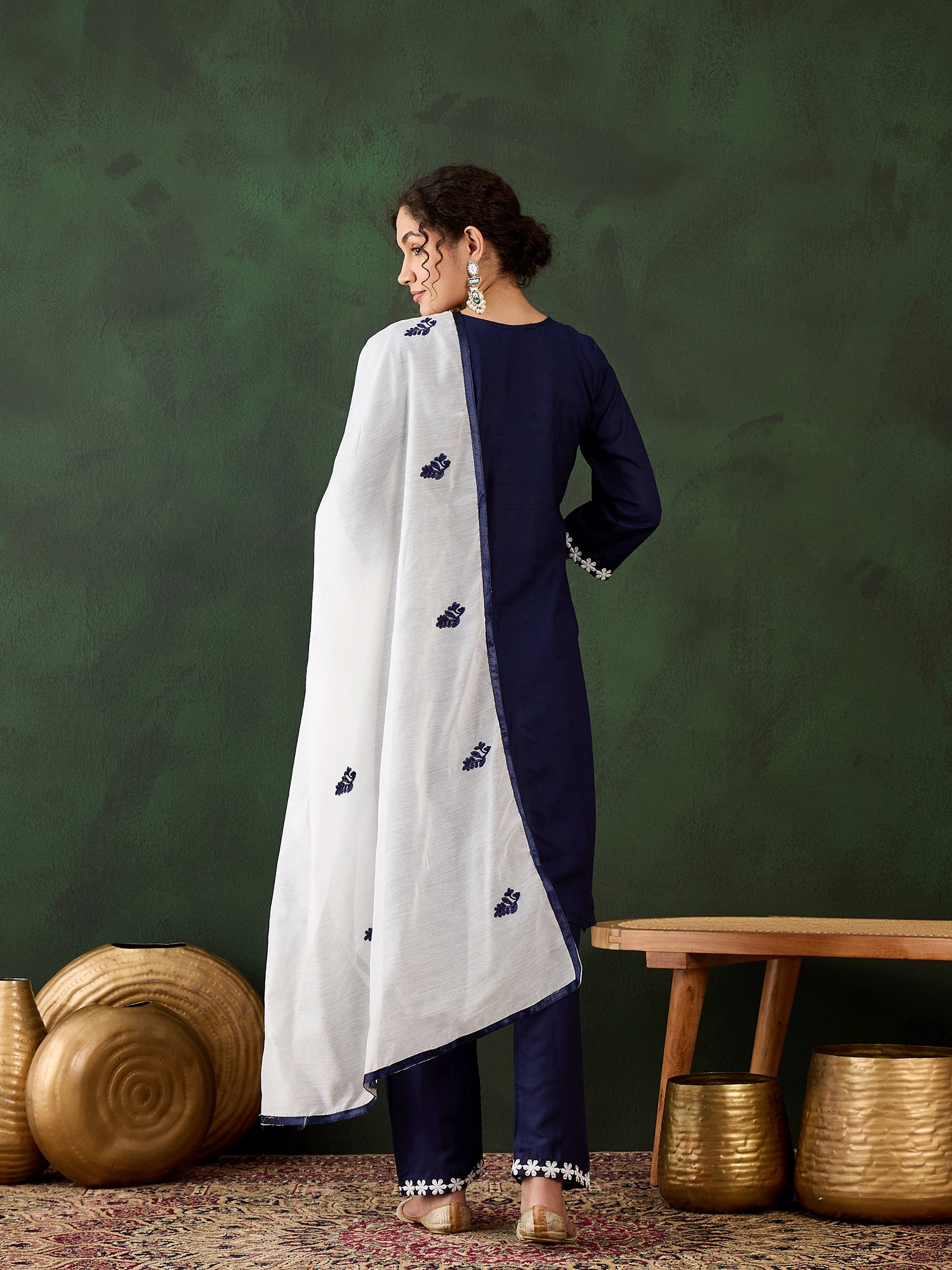 Deep Navy Heavy Rayon Cotton Suit | Embroidered Work with Chanderi Silk Dupatta Couture