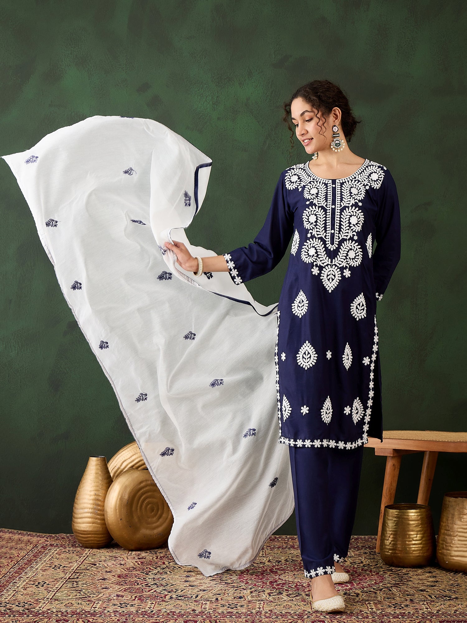 Deep Navy Heavy Rayon Cotton Suit | Embroidered Work with Chanderi Silk Dupatta Couture