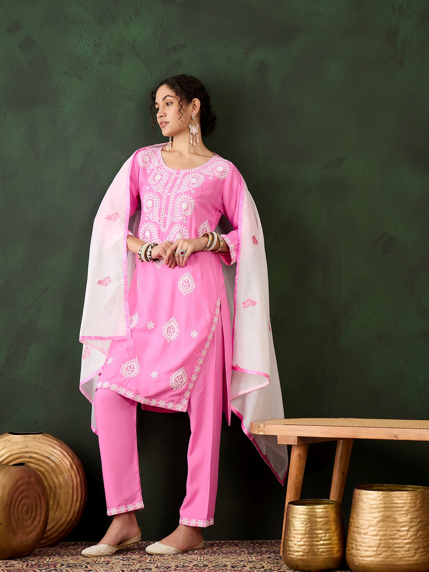Blush Pink Heavy Rayon Cotton Suit | Embroidered Work with Chanderi Silk Dupatta Couture