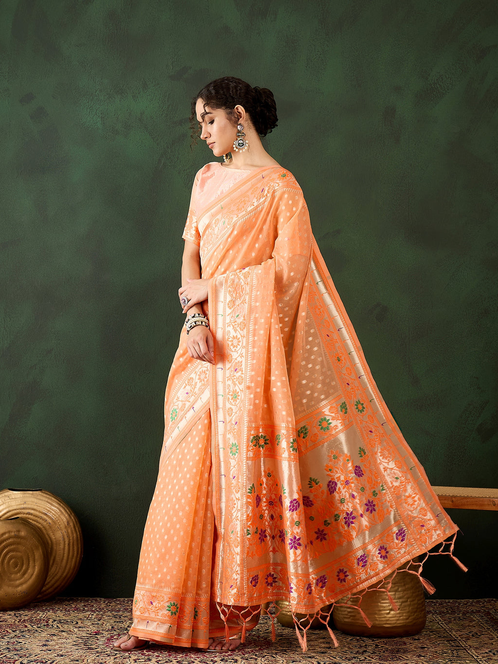 Vibrant Orange Poly Cotton Jacquard Saree | Traditional Wear with Matching Blouse