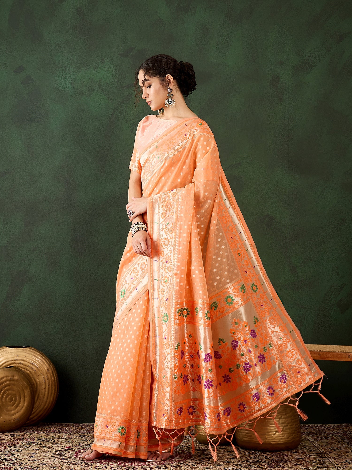 Vibrant Orange Poly Cotton Jacquard Saree | Traditional Wear with Matching Blouse