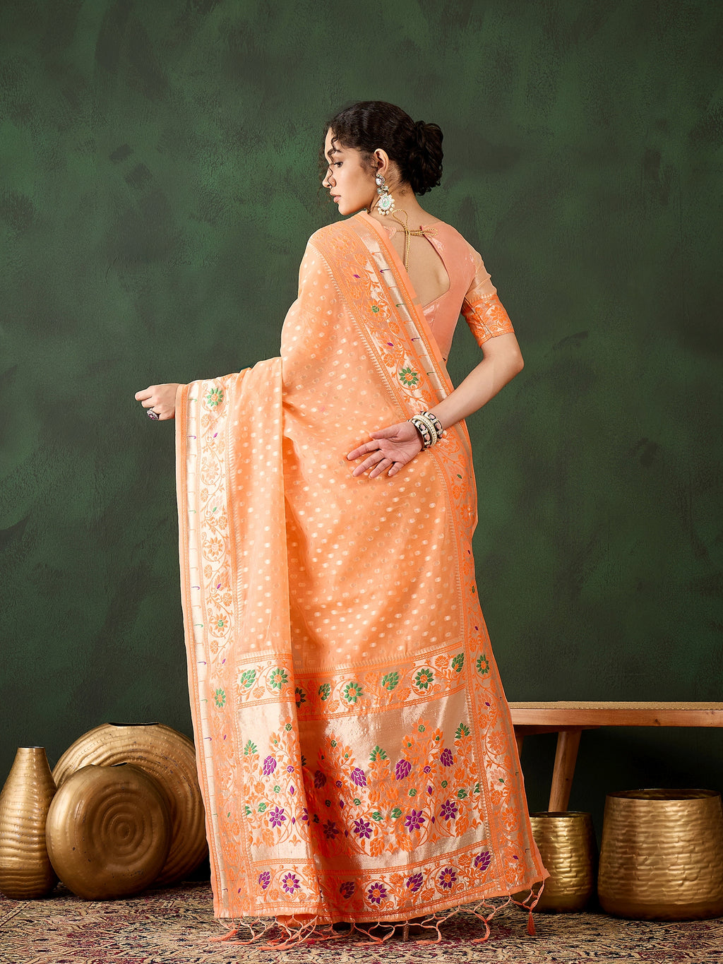 Vibrant Orange Poly Cotton Jacquard Saree | Traditional Wear with Matching Blouse