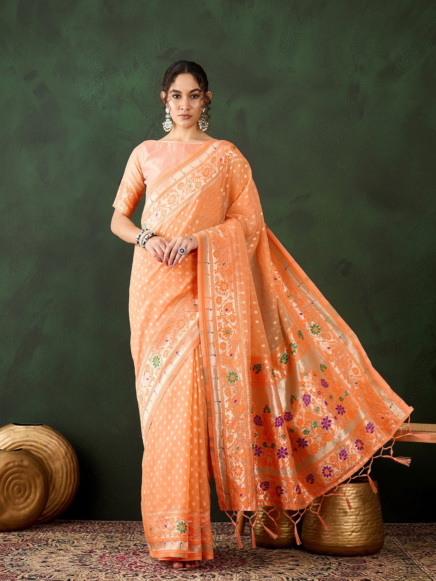 Vibrant Orange Poly Cotton Jacquard Saree | Traditional Wear with Matching Blouse