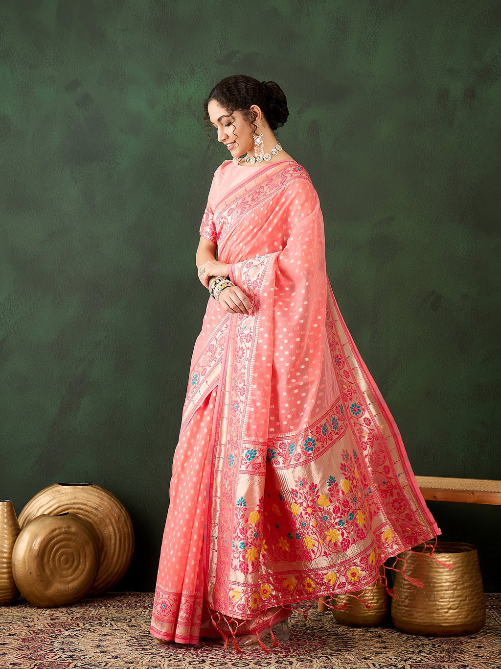 Soft Peach Poly Cotton Jacquard Saree | Traditional Wear with Matching Blouse
