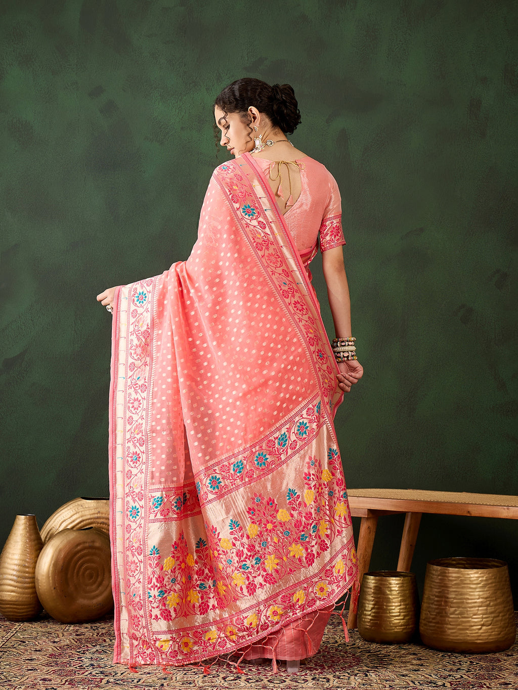 Soft Peach Poly Cotton Jacquard Saree | Traditional Wear with Matching Blouse