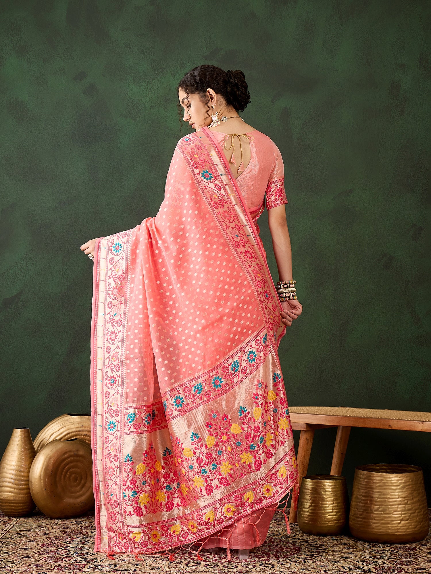 Soft Peach Poly Cotton Jacquard Saree | Traditional Wear with Matching Blouse