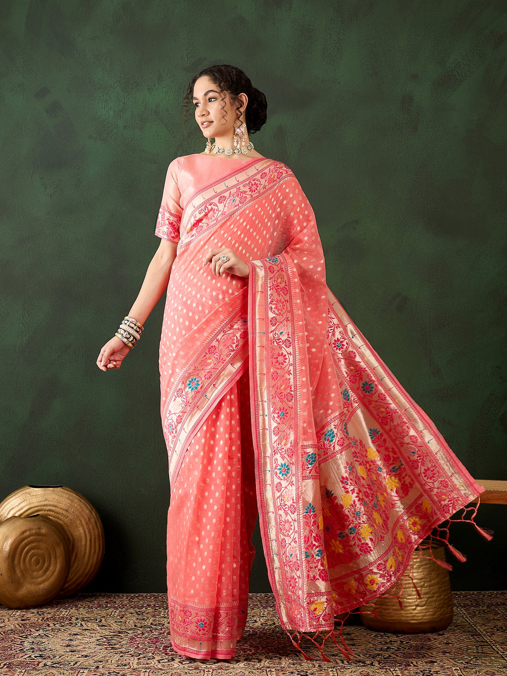 Soft Peach Poly Cotton Jacquard Saree | Traditional Wear with Matching Blouse