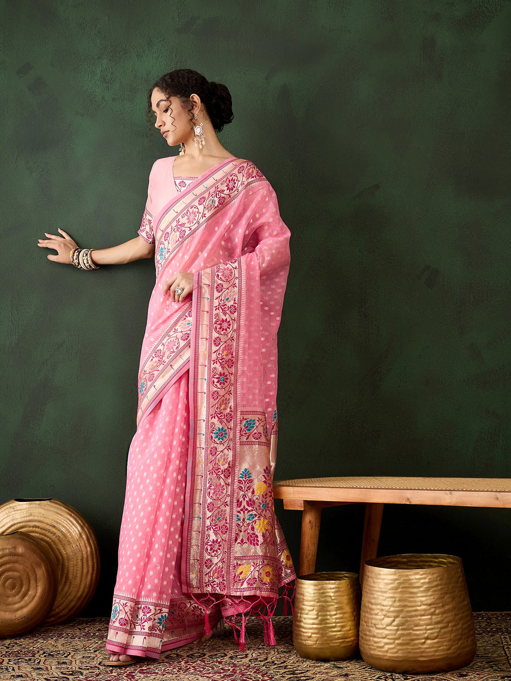 Delicate Pink Poly Cotton Jacquard Saree | Traditional Wear with Matching Blouse