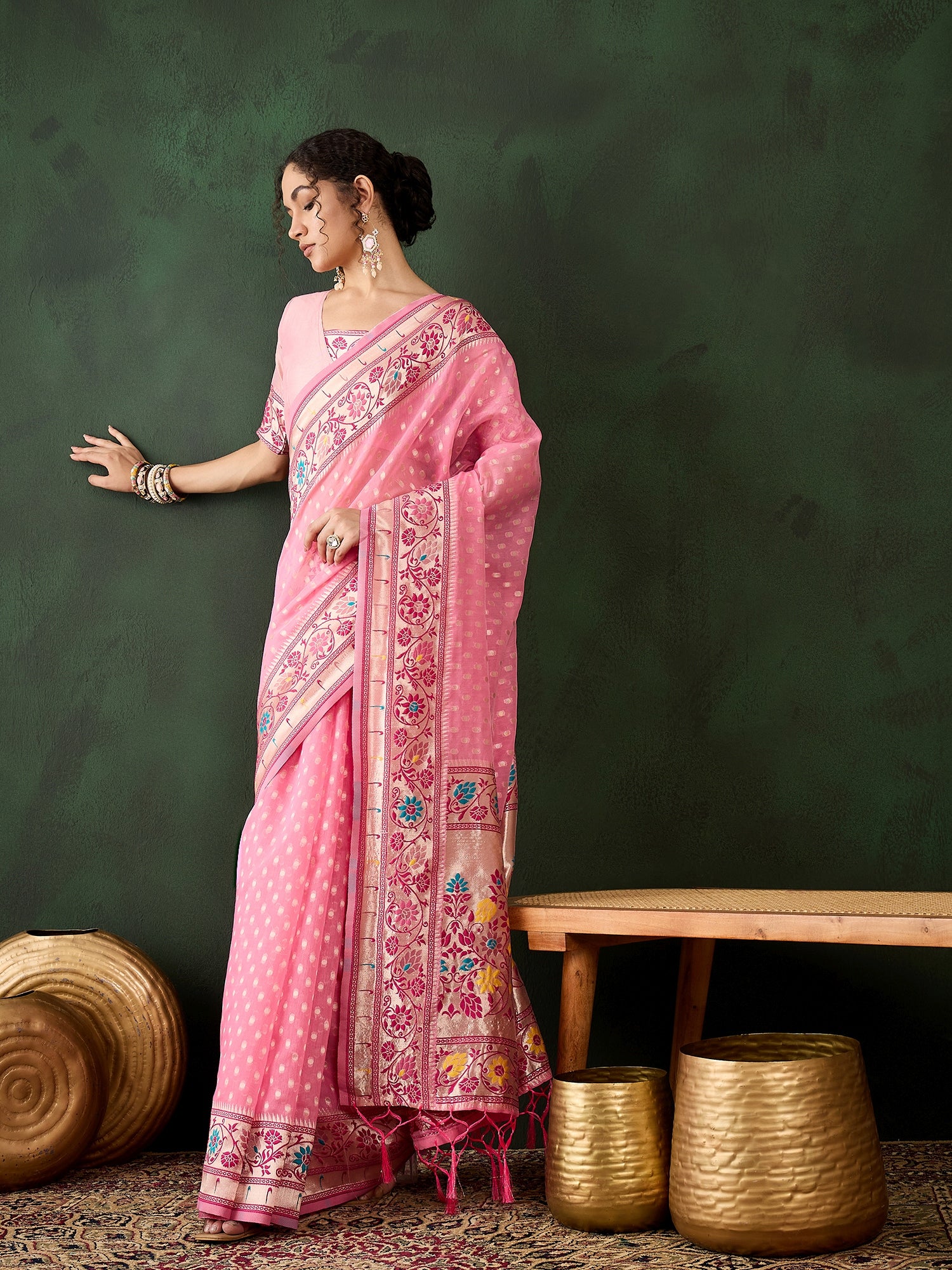 Delicate Pink Poly Cotton Jacquard Saree | Traditional Wear with Matching Blouse