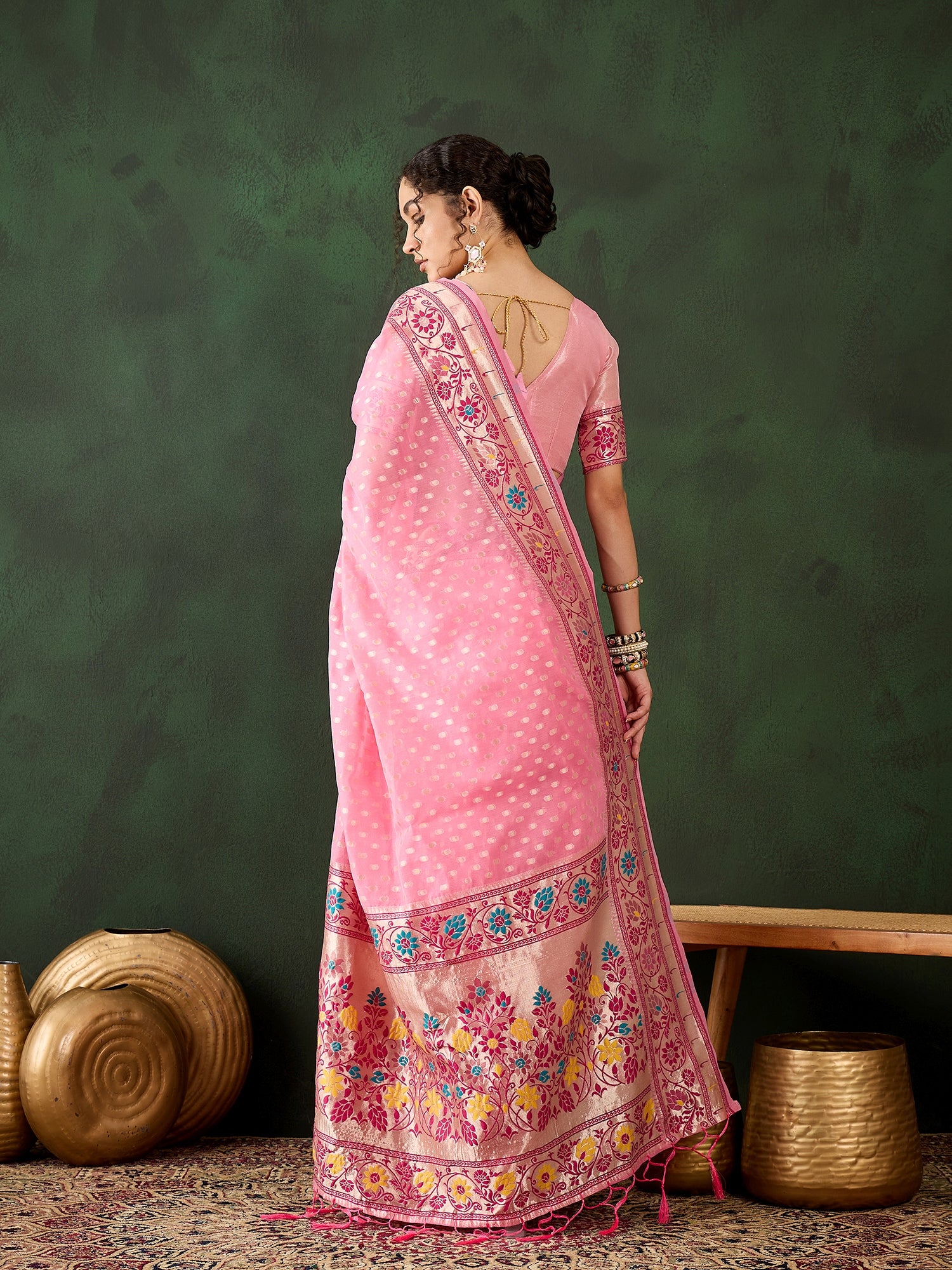 Delicate Pink Poly Cotton Jacquard Saree | Traditional Wear with Matching Blouse