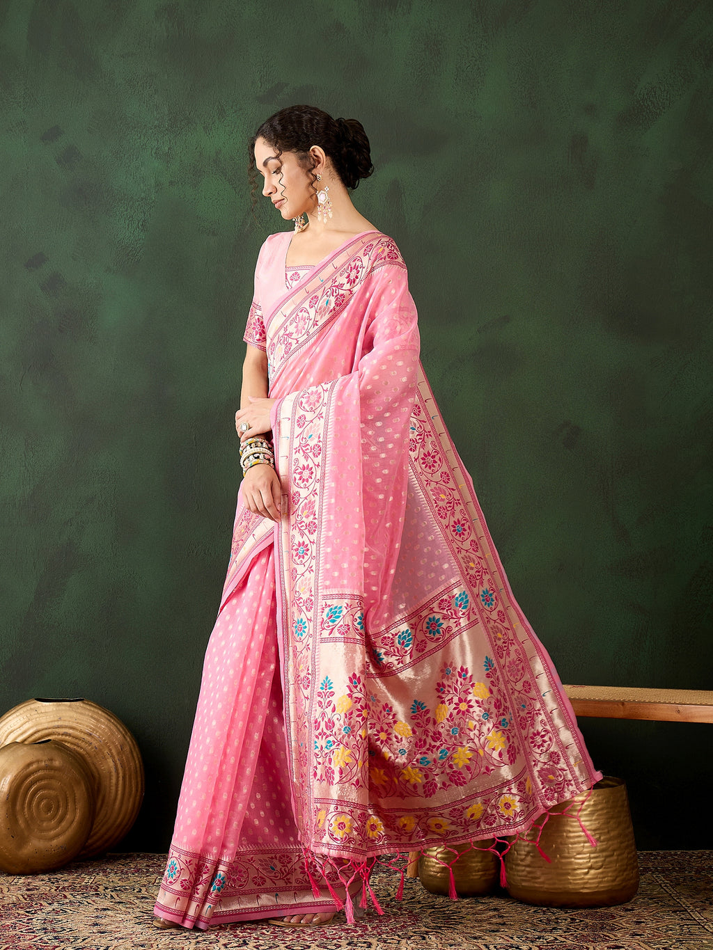 Delicate Pink Poly Cotton Jacquard Saree | Traditional Wear with Matching Blouse
