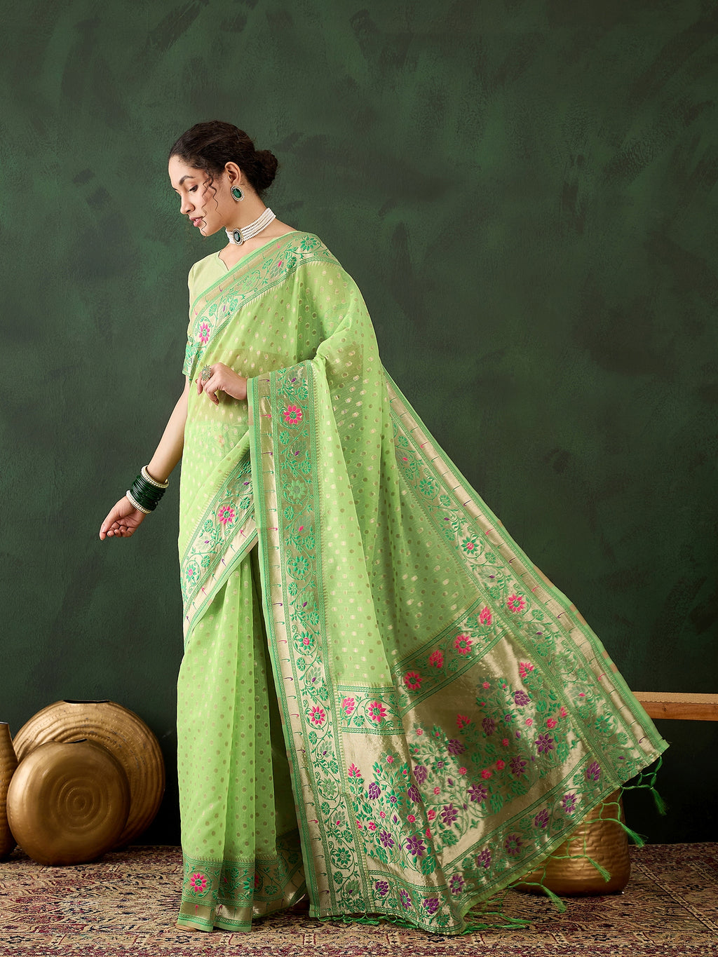 Refreshing Pistagreen Poly Cotton Jacquard Saree | Traditional Wear with Matching Blouse