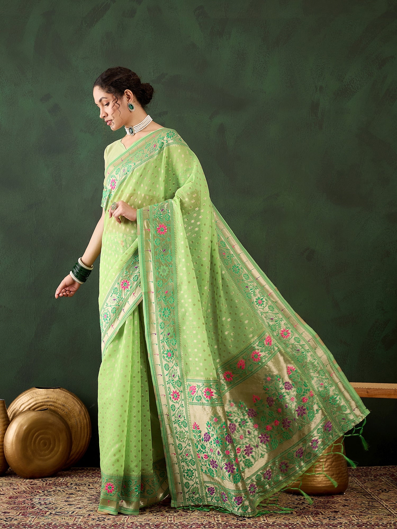 Refreshing Pistagreen Poly Cotton Jacquard Saree | Traditional Wear with Matching Blouse