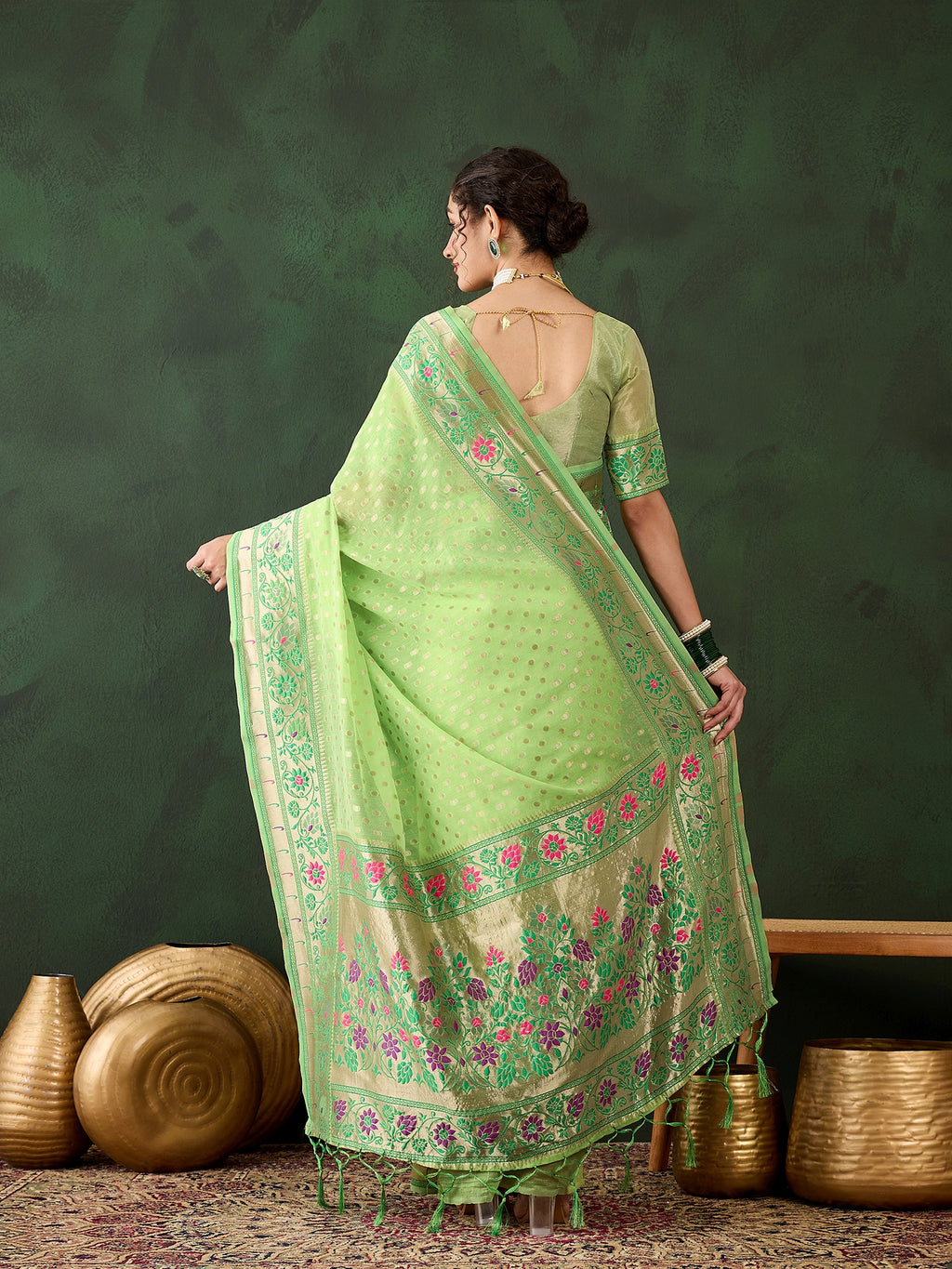 Refreshing Pistagreen Poly Cotton Jacquard Saree | Traditional Wear with Matching Blouse