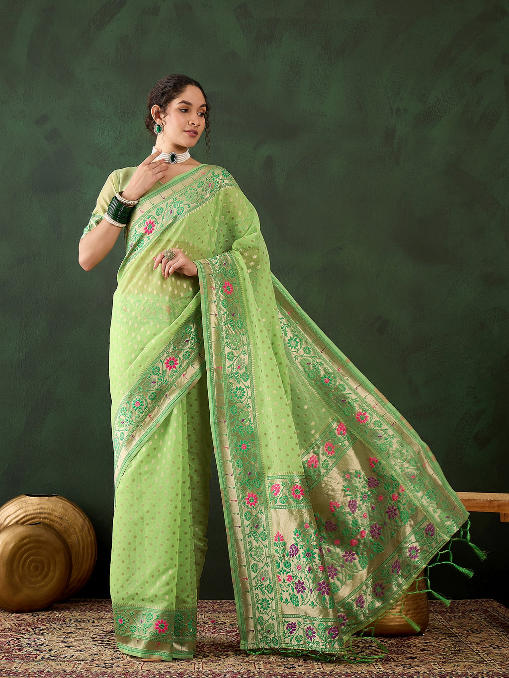 Refreshing Pistagreen Poly Cotton Jacquard Saree | Traditional Wear with Matching Blouse