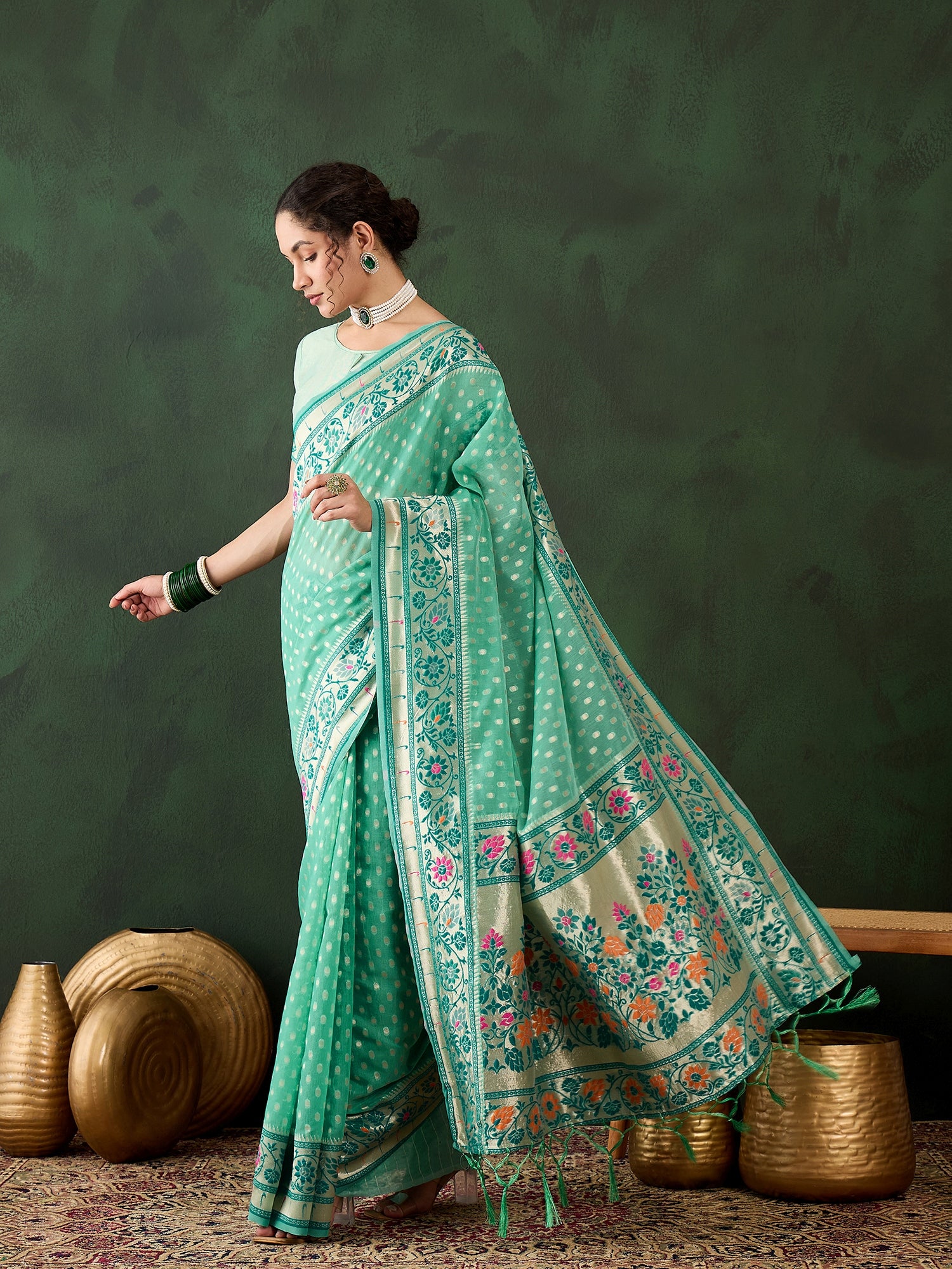 Serene Seagreen Poly Cotton Jacquard Saree | Traditional Wear with Matching Blouse