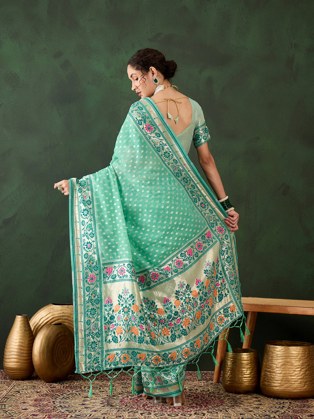 Serene Seagreen Poly Cotton Jacquard Saree | Traditional Wear with Matching Blouse