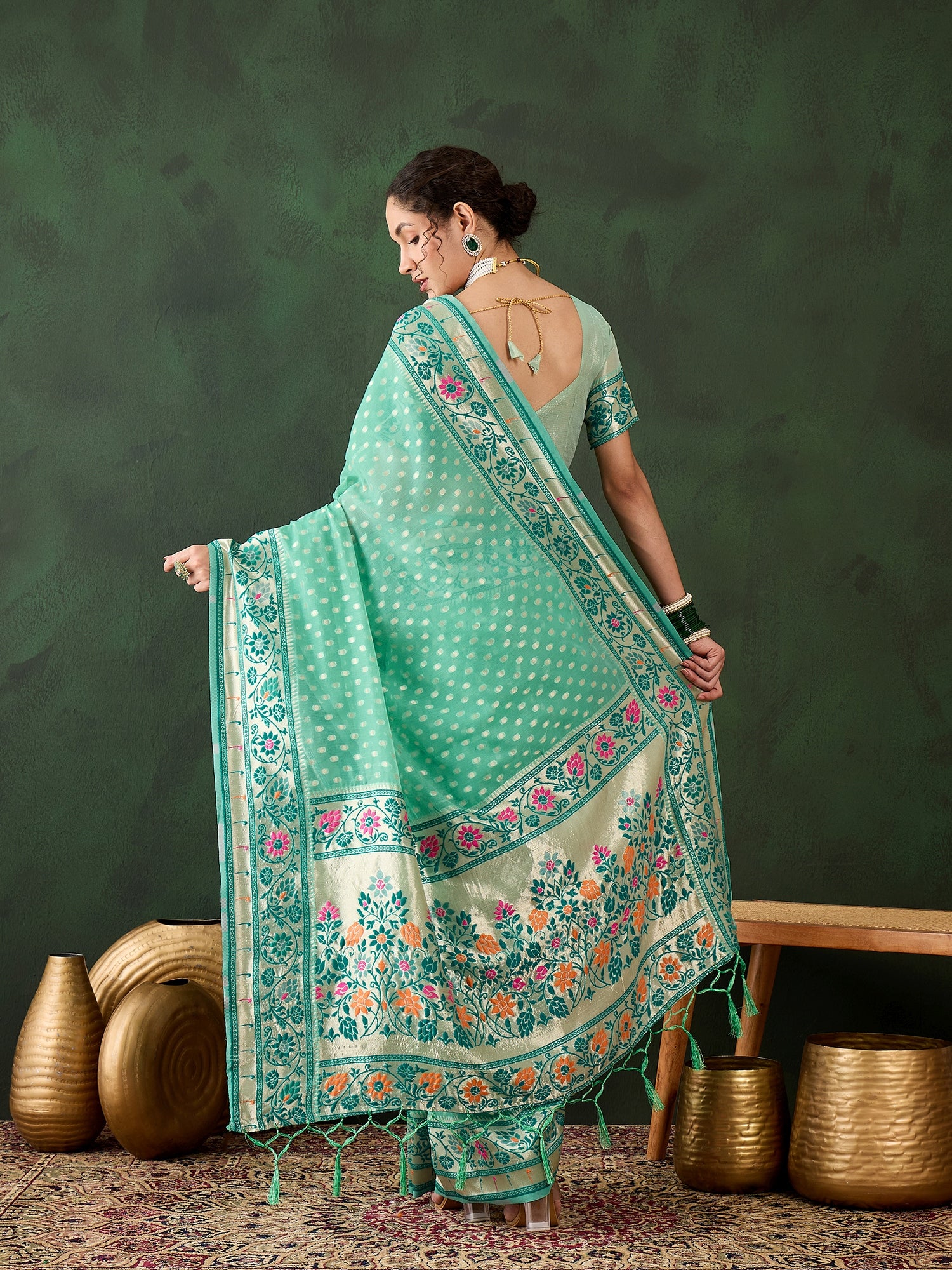 Serene Seagreen Poly Cotton Jacquard Saree | Traditional Wear with Matching Blouse
