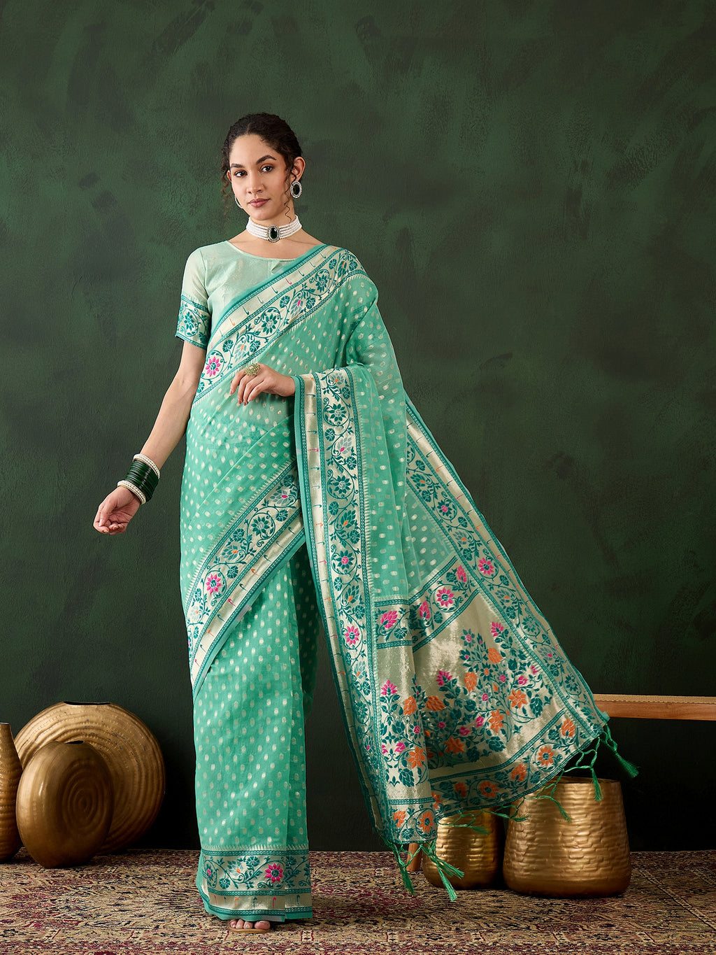 Serene Seagreen Poly Cotton Jacquard Saree | Traditional Wear with Matching Blouse