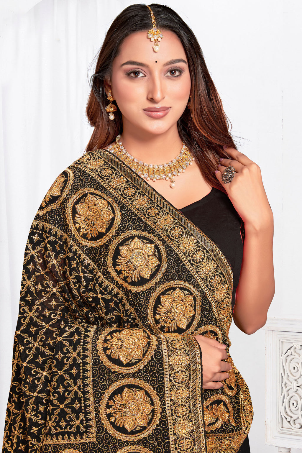 Midnight Black Vichitra Blooming Silk Saree | Heavy Jari Embroidery with Stone Work Blouse