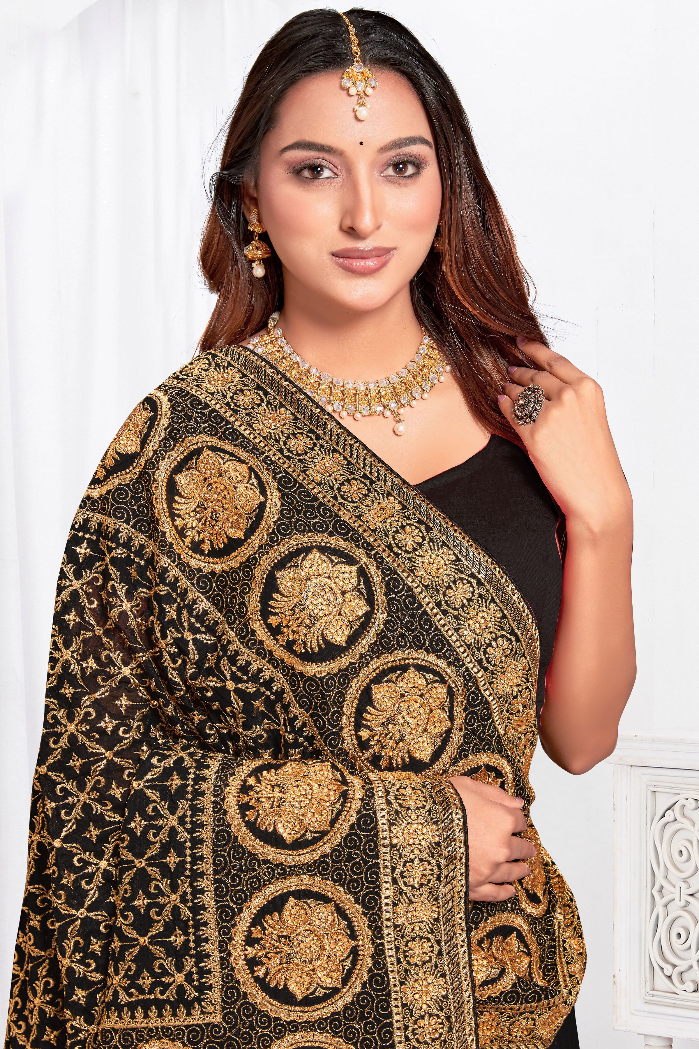 Midnight Black Vichitra Blooming Silk Saree | Heavy Jari Embroidery with Stone Work Blouse