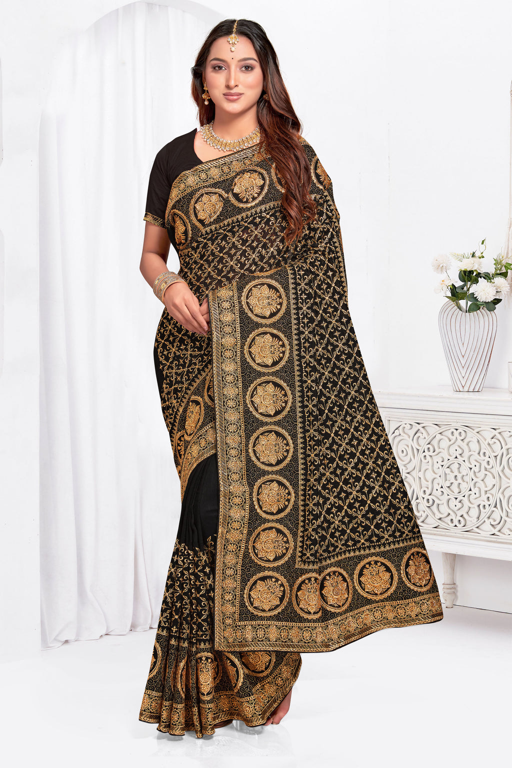 Midnight Black Vichitra Blooming Silk Saree | Heavy Jari Embroidery with Stone Work Blouse