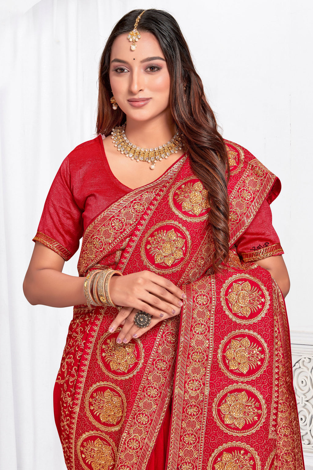 Passionate Red Vichitra Blooming Silk Saree | Heavy Jari Embroidery with Stone Work Blouse