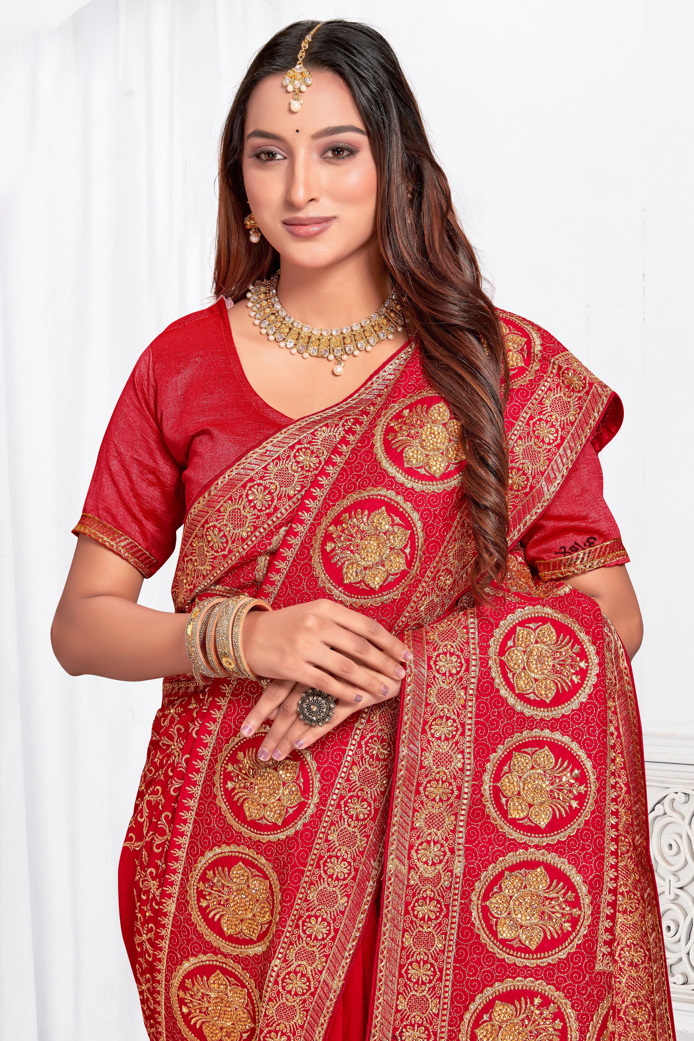 Passionate Red Vichitra Blooming Silk Saree | Heavy Jari Embroidery with Stone Work Blouse