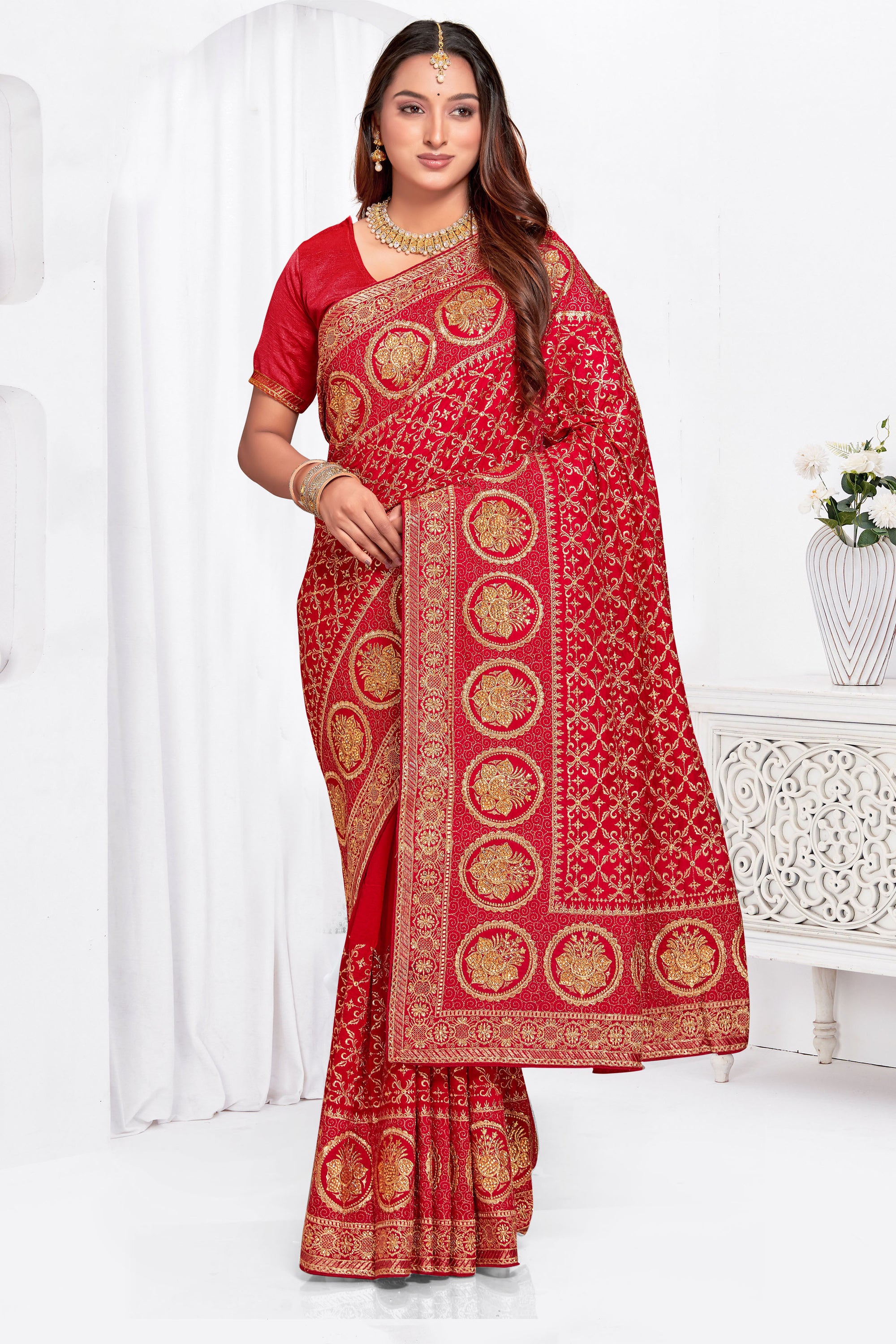 Passionate Red Vichitra Blooming Silk Saree | Heavy Jari Embroidery with Stone Work Blouse